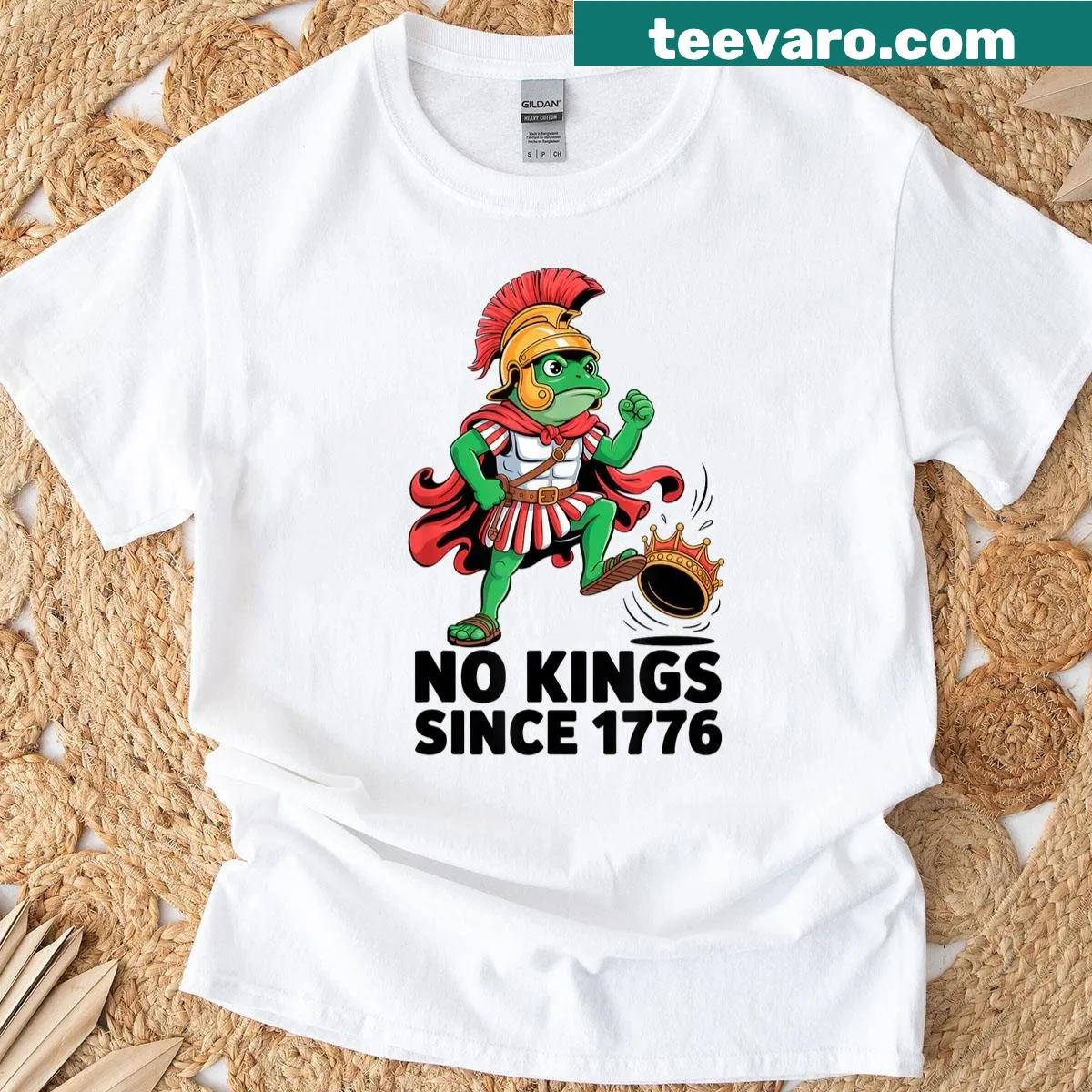 Playful frog graphic t-shirt with No Kings No Kings In America text — on a men's t-shirt