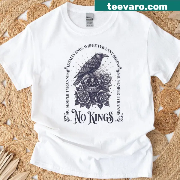 T-shirt featuring a raven graphic and No Kings slogan for political protest.