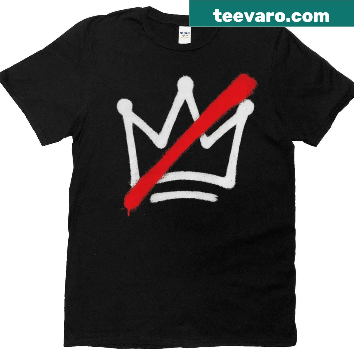 Graffiti-inspired T-shirt with a red slash and white crown design — on a men's t-shirt
