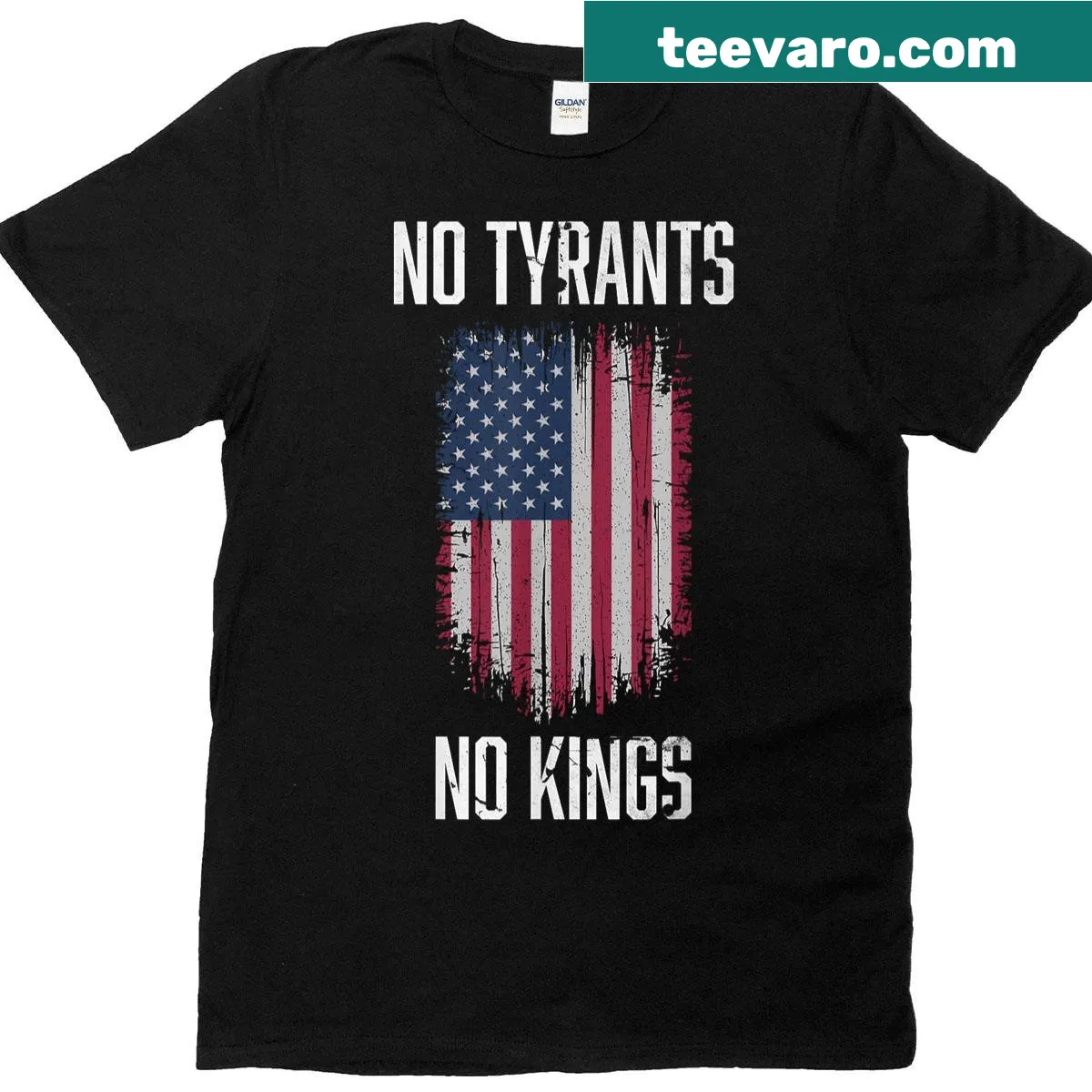 Sarcastic political tees with 'No Tyrants No Kings' slogan — on a men's t-shirt