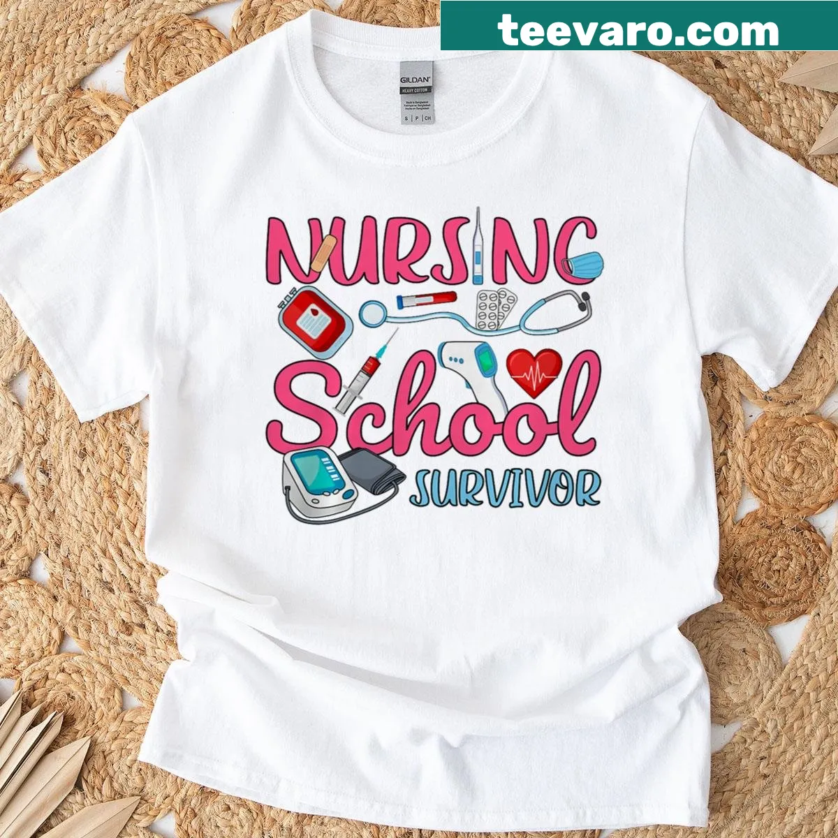 Nursing graduation t-shirt with 'Nursing School Survivor 2026' text — on a men's t-shirt