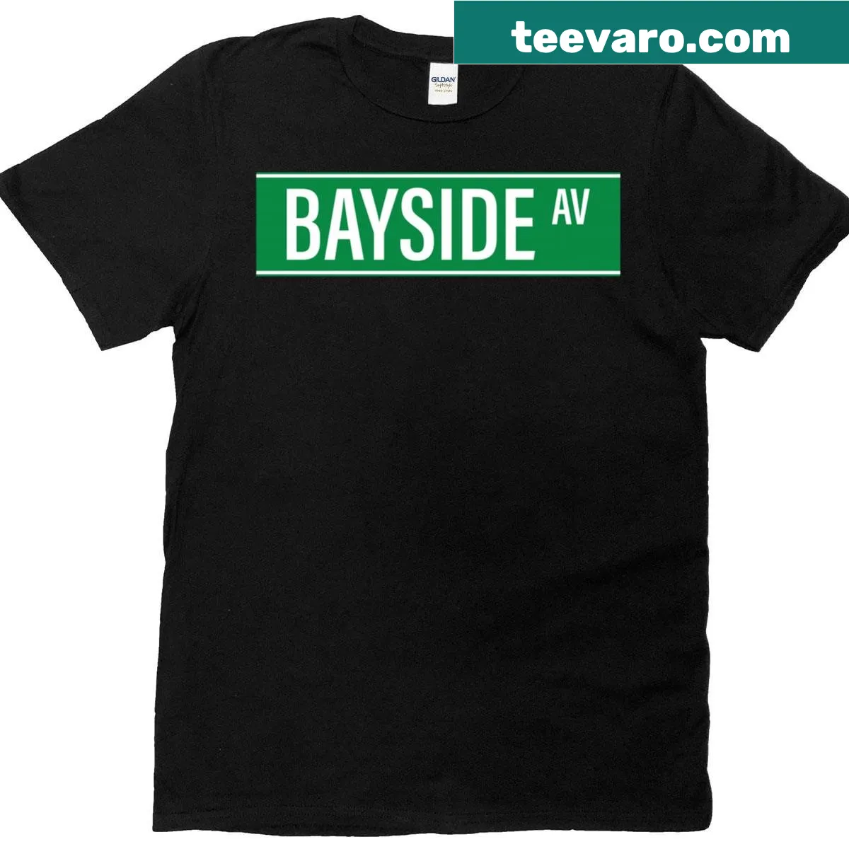 Typography design featuring the NYC Bayside Ave sign — on a men's t-shirt