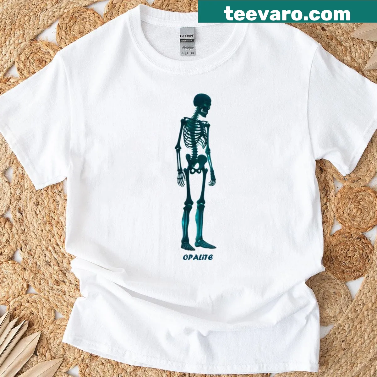 Oversized T-shirt with an illustration of a skeleton and opalite design. — on a men's t-shirt
