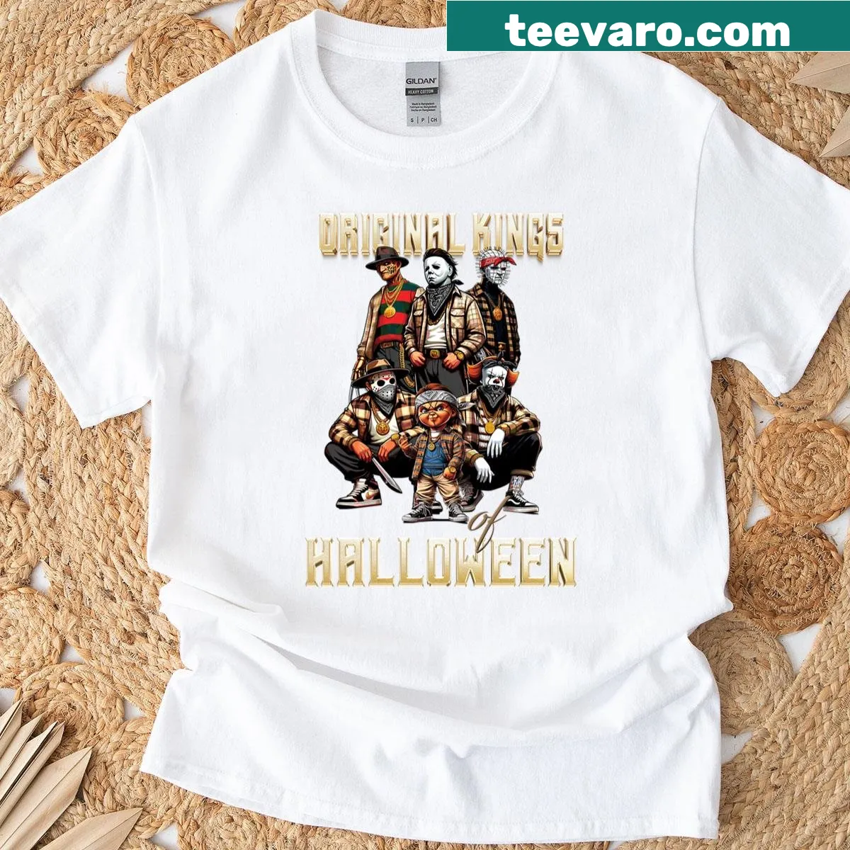 T-shirt with original horror artwork featuring iconic horror characters — on a men's t-shirt
