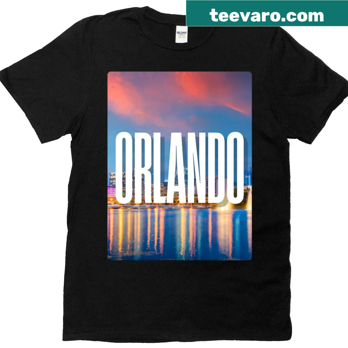 Illustrated Orlando skyline reflection T-shirt design — on a men's t-shirt