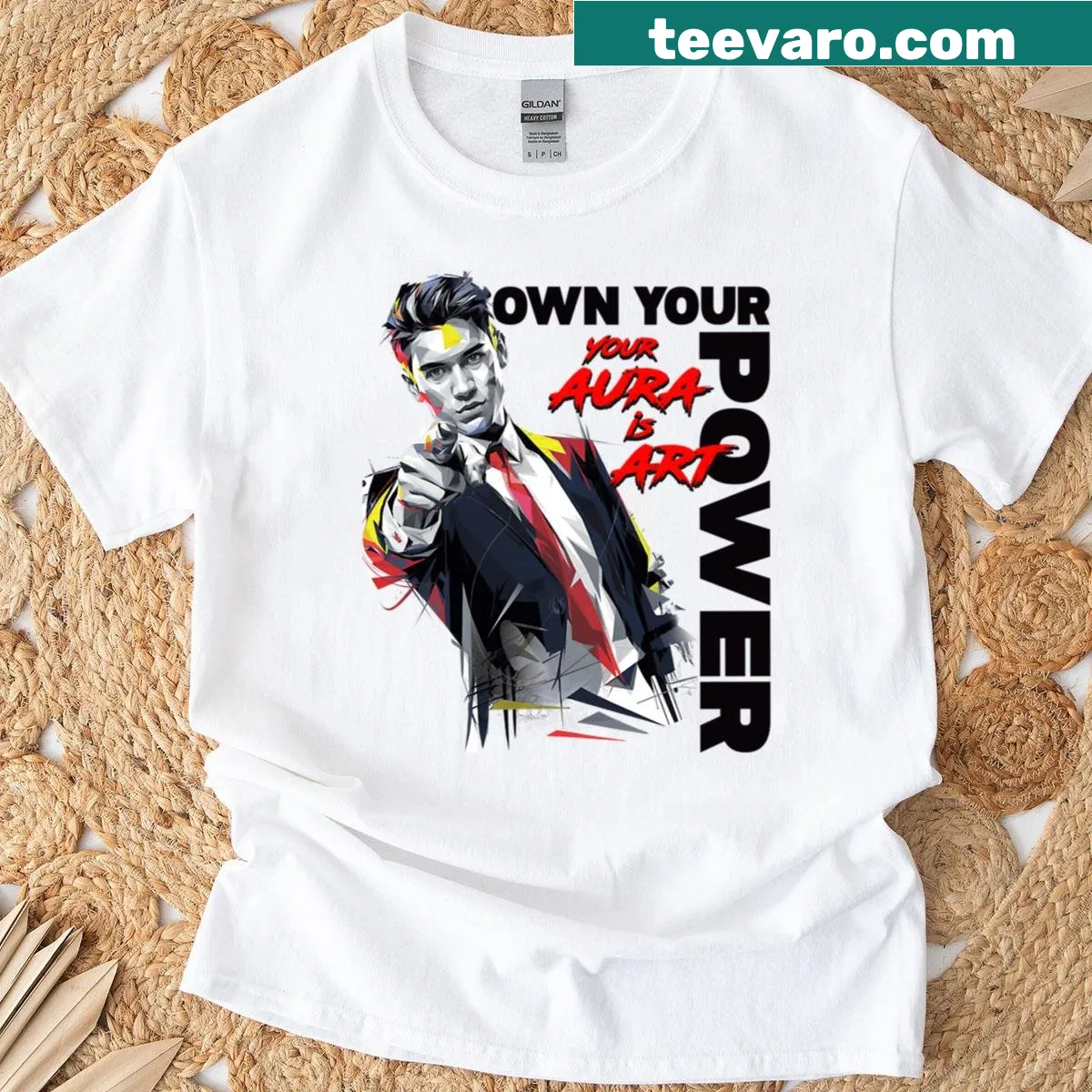 Inspirational t-shirt with 'Own Your Power' text — on a men's t-shirt