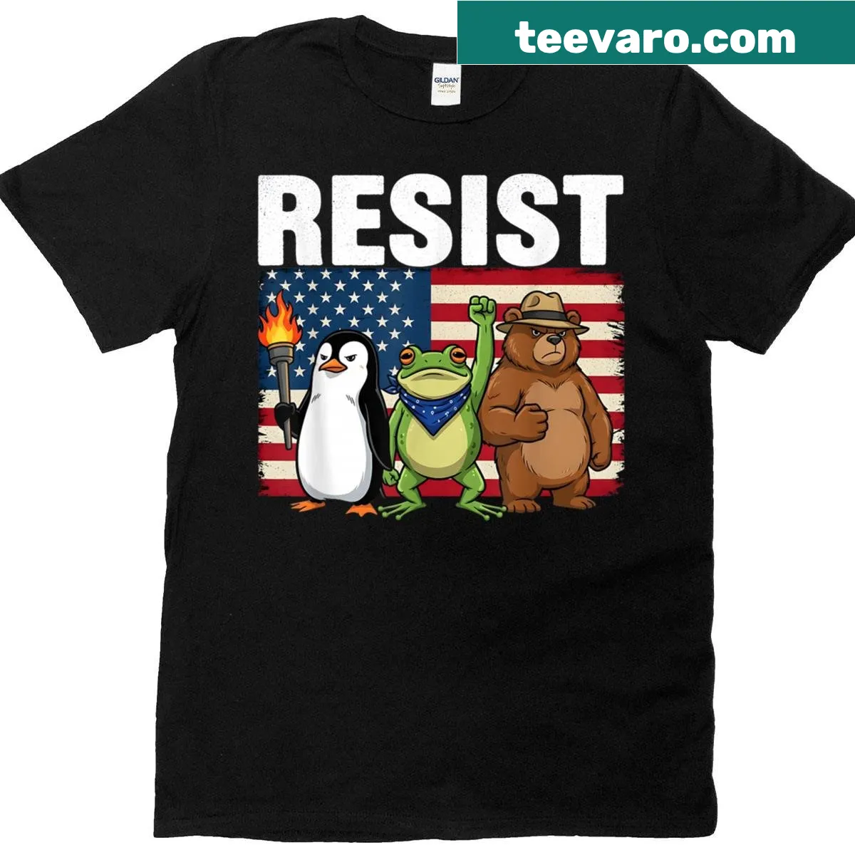 Whimsical t-shirt featuring a penguin, frog, and bear design — on a men's t-shirt
