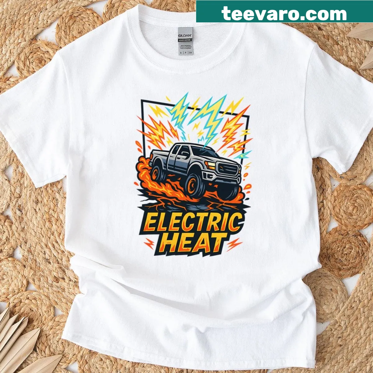 Pickup truck graphic surrounded by lightning and lava — on a men's t-shirt