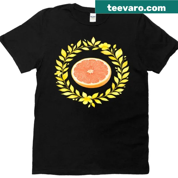 Illustrated t-shirt featuring pink grapefruit and yellow leaves