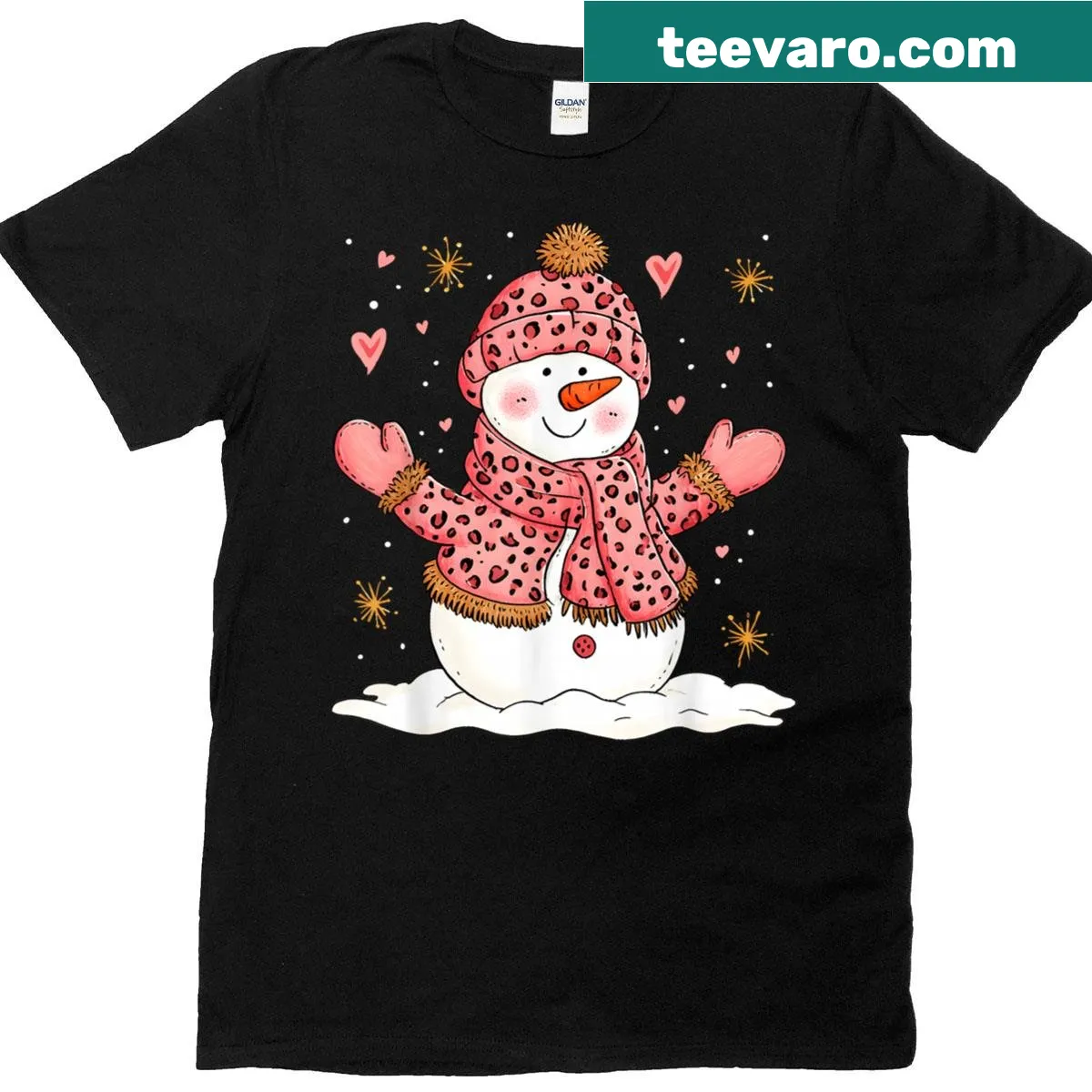 Cute pink snowman t-shirt with leopard print scarf illustration — on a men's t-shirt