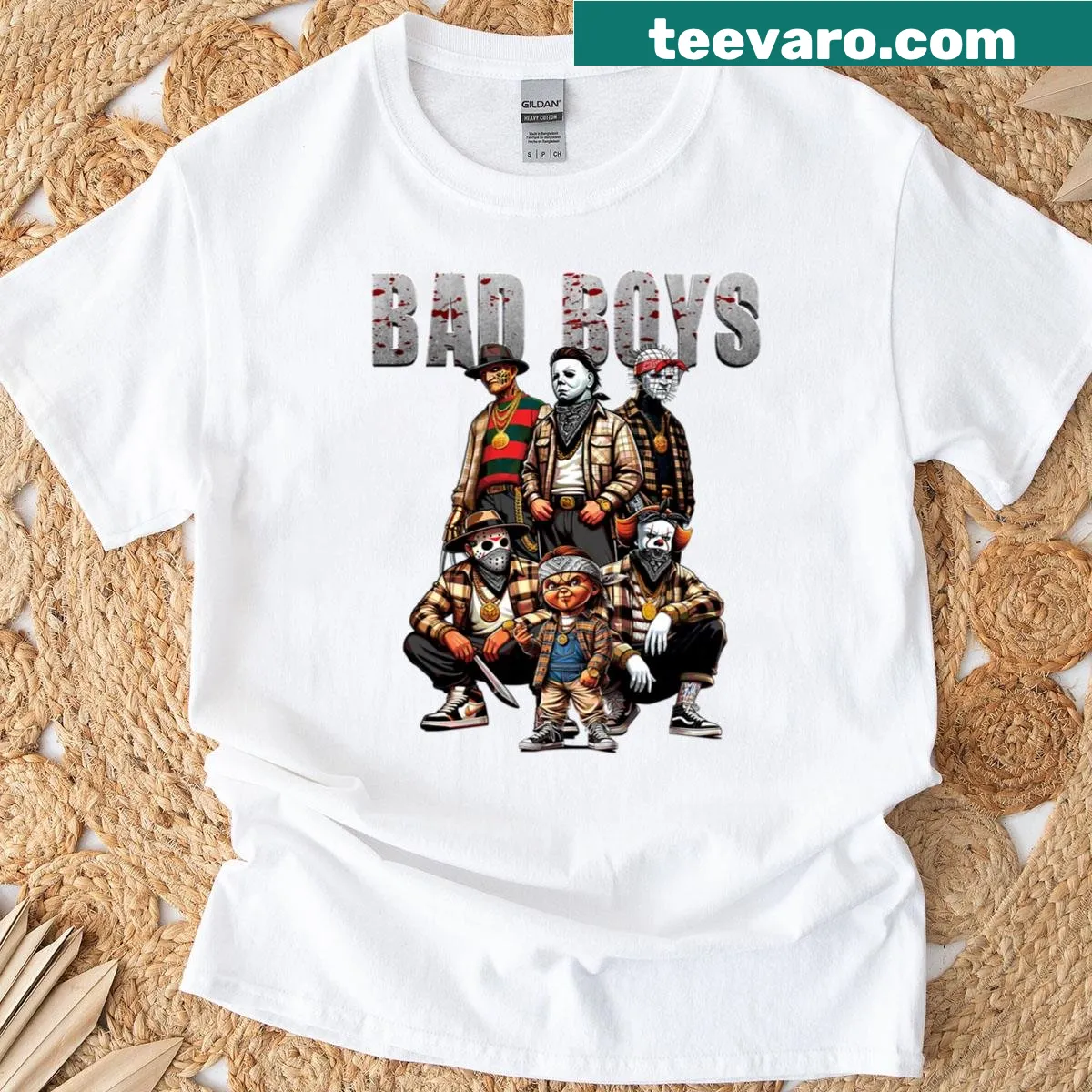 Oversized T-shirt with plaid design featuring horror movie icons. — on a men's t-shirt