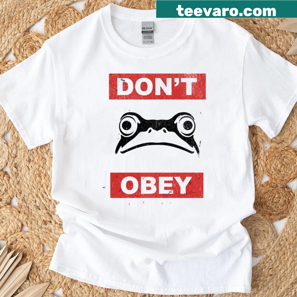 Cartoon frog graphic with 'Don't Obey' text on T-shirt — on a men's t-shirt