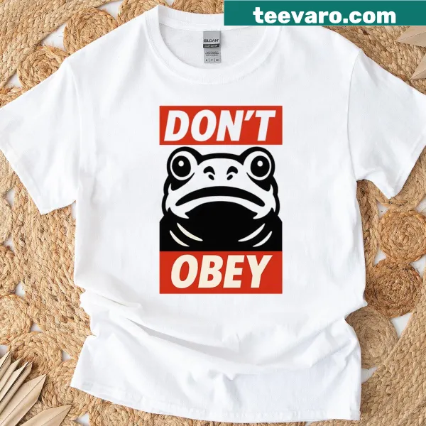 Street art-inspired T-shirt featuring a frog with 'Don’t Obey' text