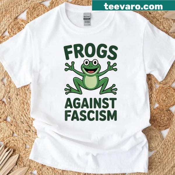 Frog mascot T-shirt with protest text against fascism in playful design