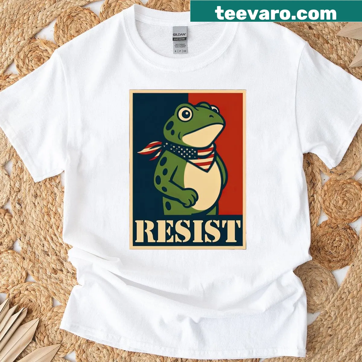 T-shirt featuring retro protest art with a frog design — on a men's t-shirt
