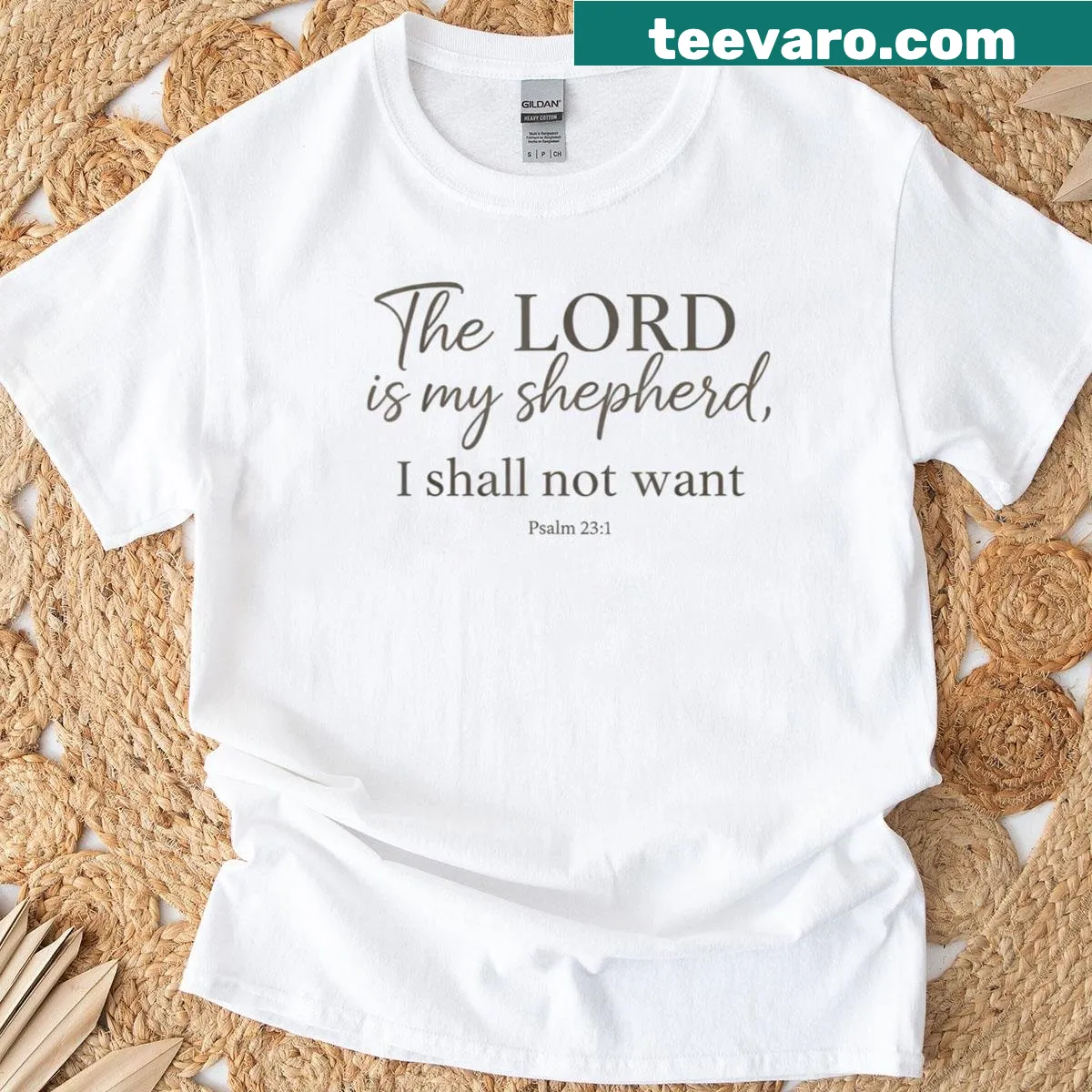 T-shirt featuring Psalm 23:1 in simple typography emphasizing faith. — on a men's t-shirt