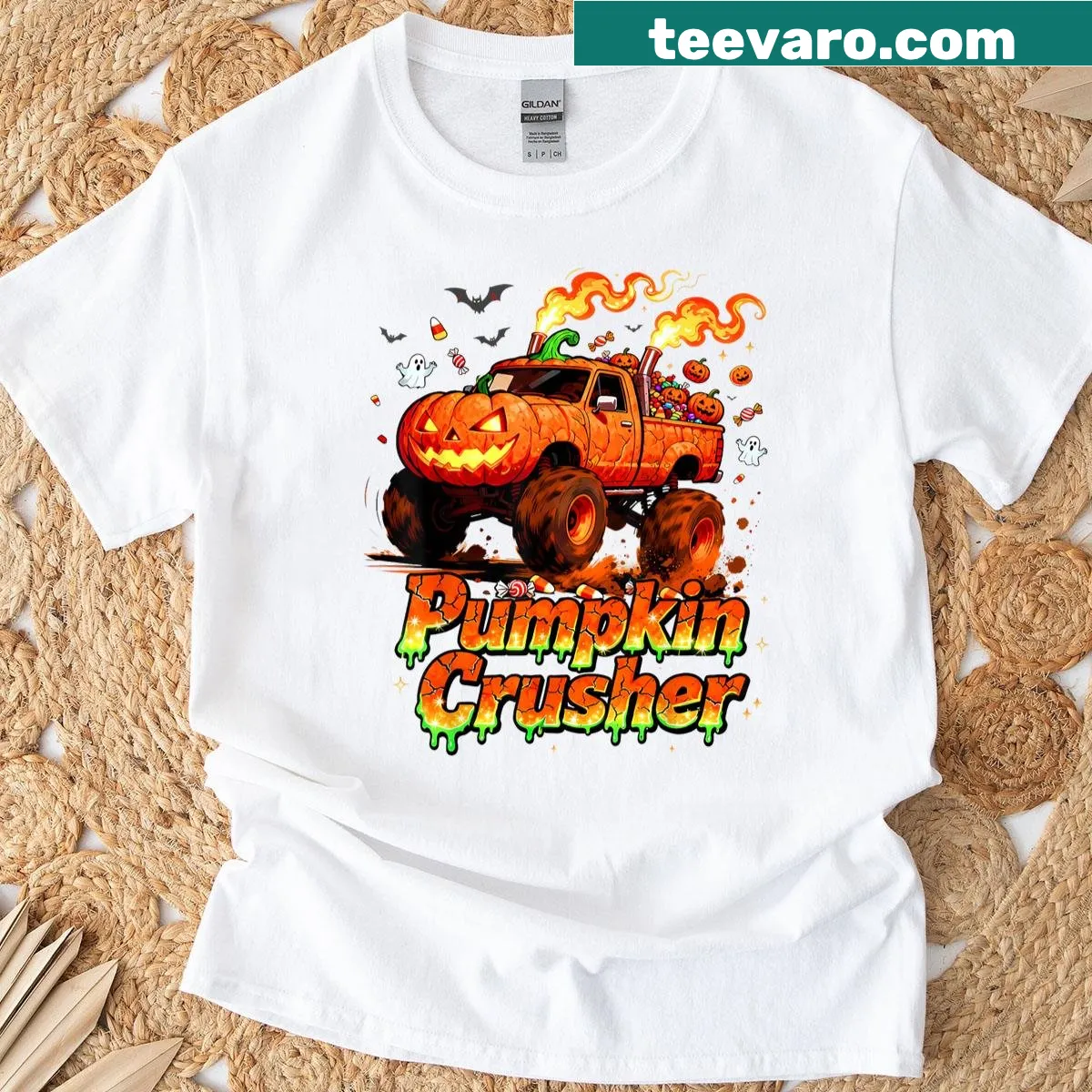Halloween monster truck with ghosts and pumpkins graphic T-shirt for kids — on a men's t-shirt