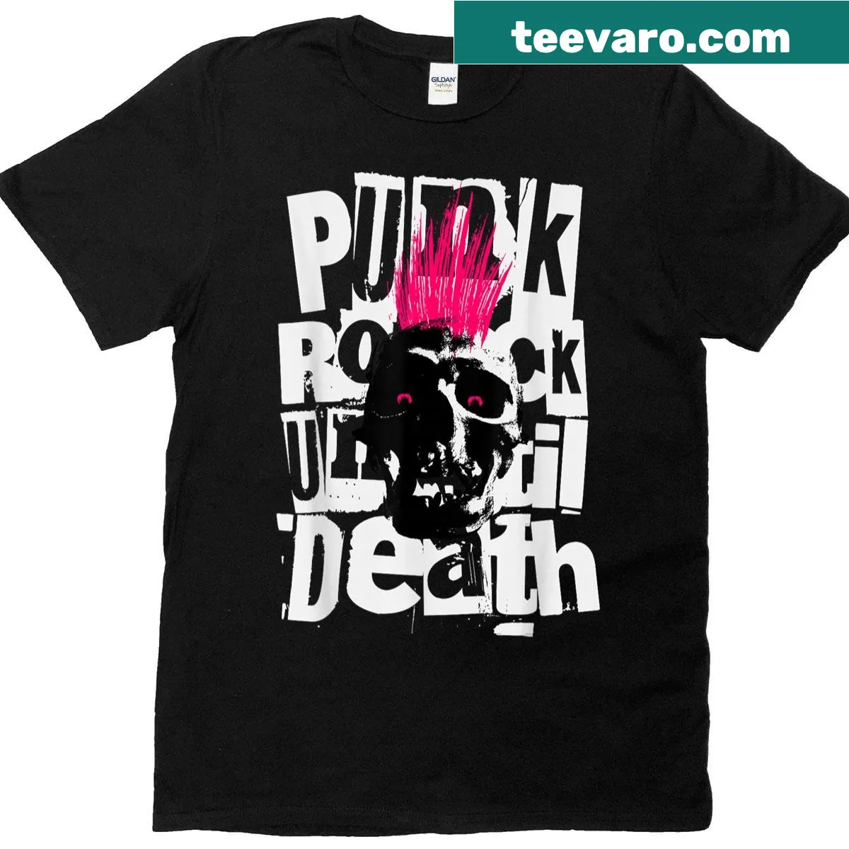 Punk skull illustration with a pink mohawk on a t-shirt — on a men's t-shirt