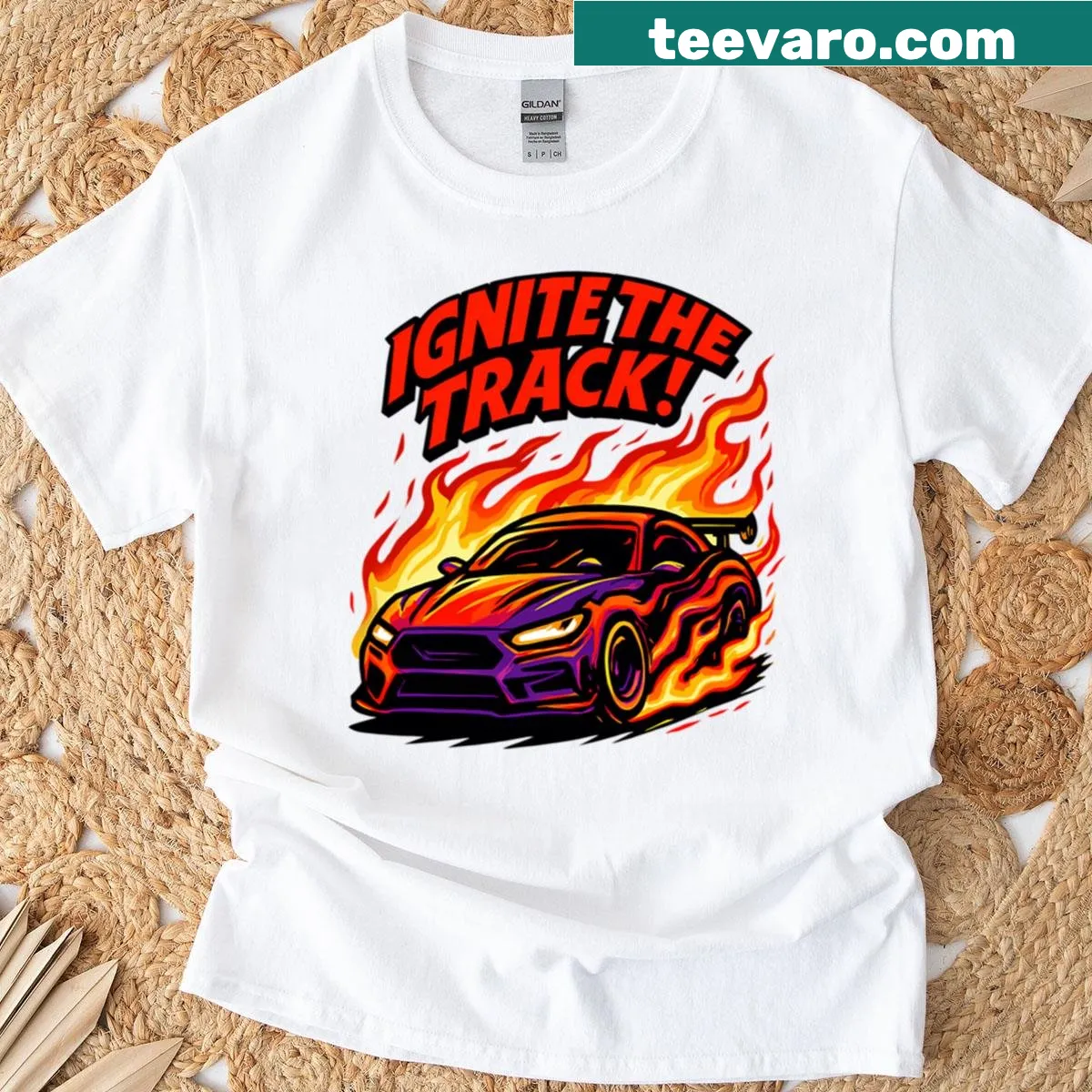 Illustration of a racing car with flames on a T-shirt — on a men's t-shirt