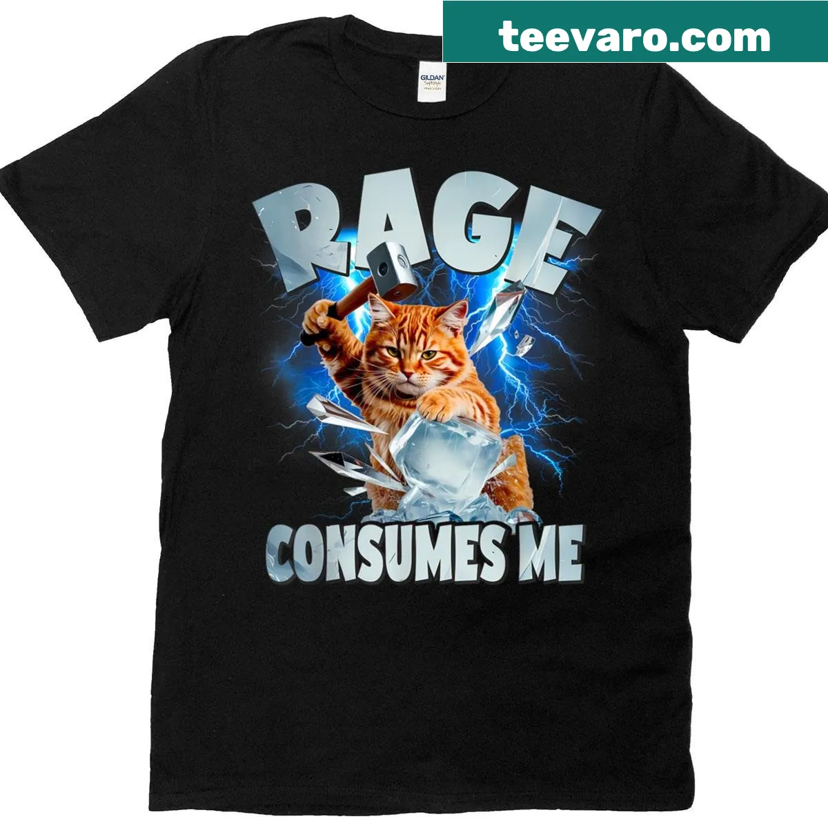 T-shirt with an absurd cat meme and 'Rage Consumes Me' text — on a men's t-shirt