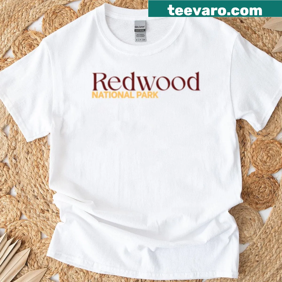Scenic illustration of Redwood National Park graphic T-shirt — on a men's t-shirt