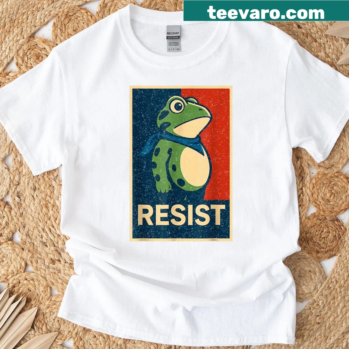 Vintage-style T-shirt featuring a frog graphic and 'Resist' text for a retro protest vibe. — on a men's t-shirt