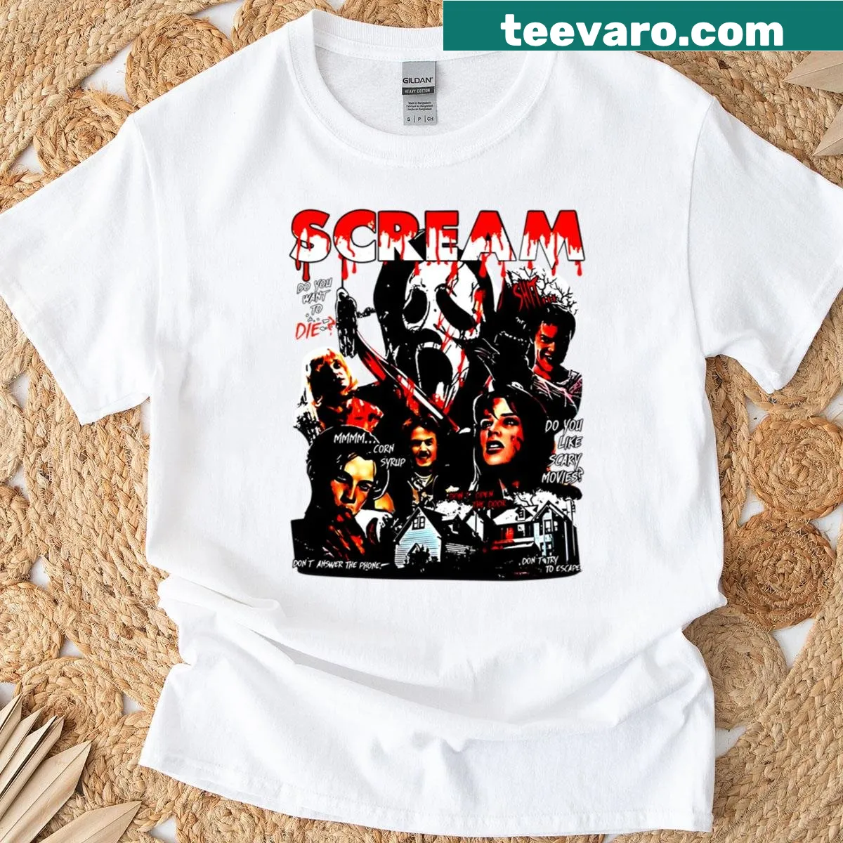 Vintage-style Scream movie t-shirt with humorous graphic design — on a men's t-shirt