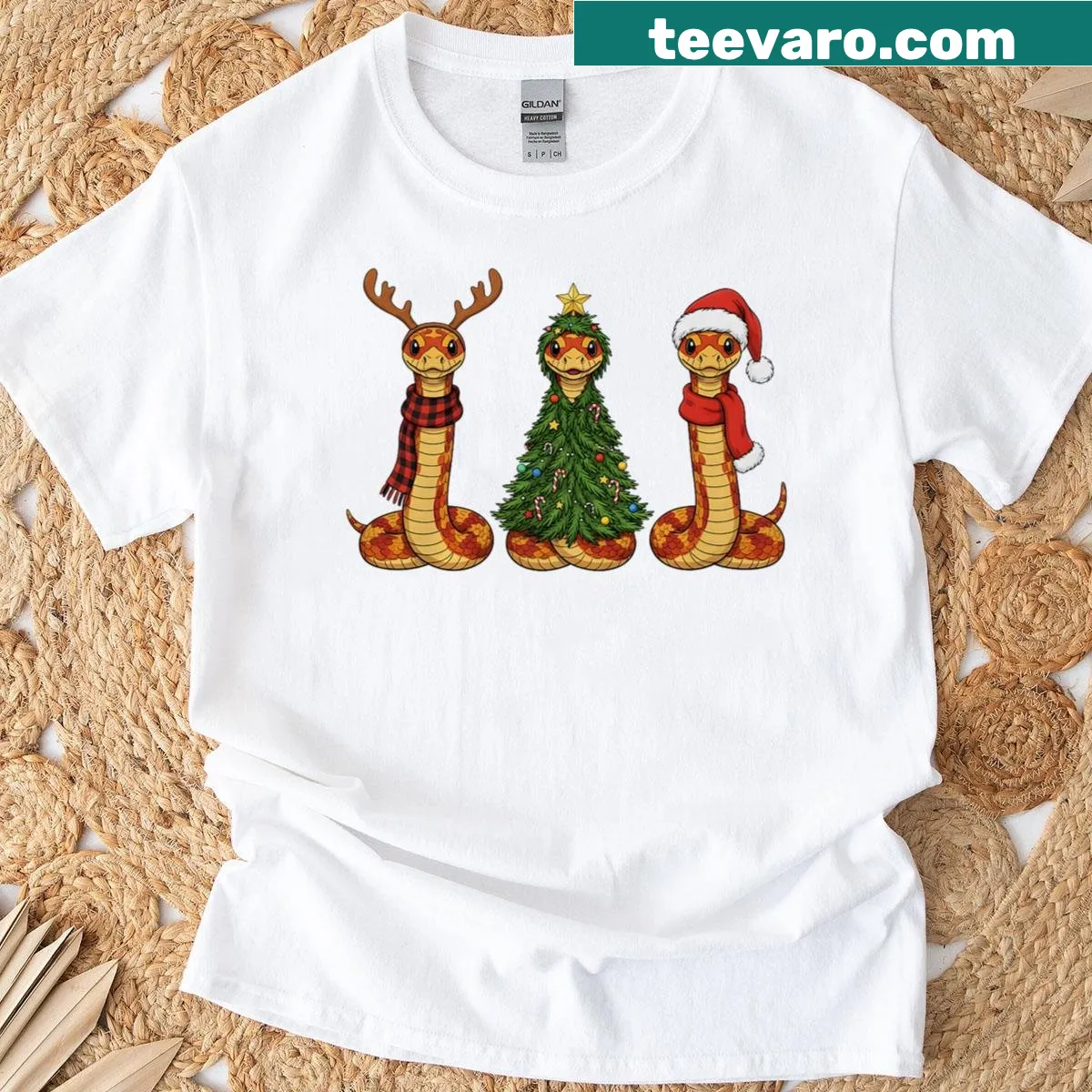 Cartoon corn snake Santa with reindeer graphic T-shirt — on a men's t-shirt