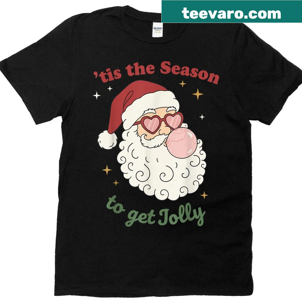 Vintage distressed T-shirt featuring a retro Santa Claus with bubble gum. — on a men's t-shirt