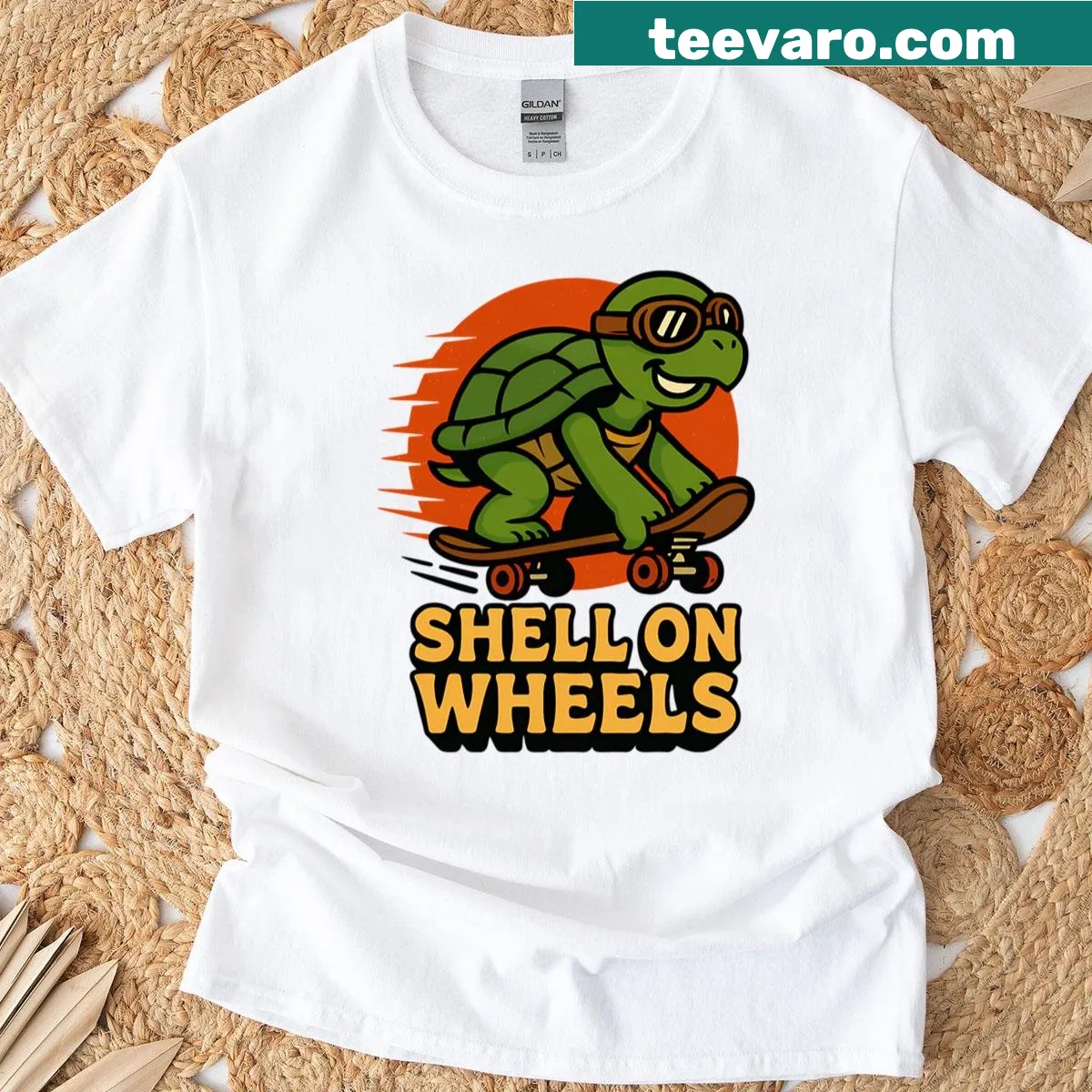 Illustration of a skateboarding turtle T-shirt — on a men's t-shirt