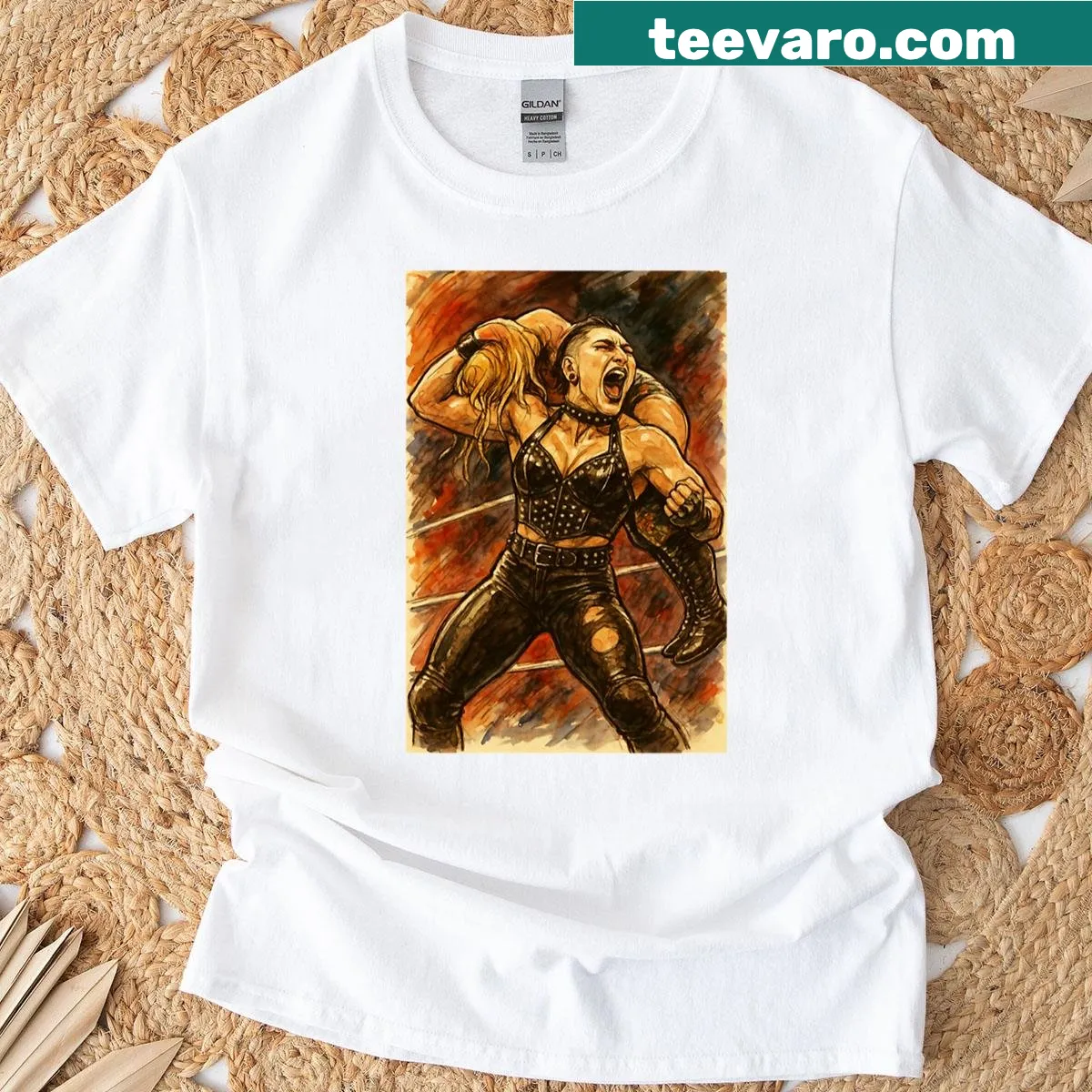Illustrated Rhea Ripley T-shirt celebrating her wrestling persona — on a men's t-shirt