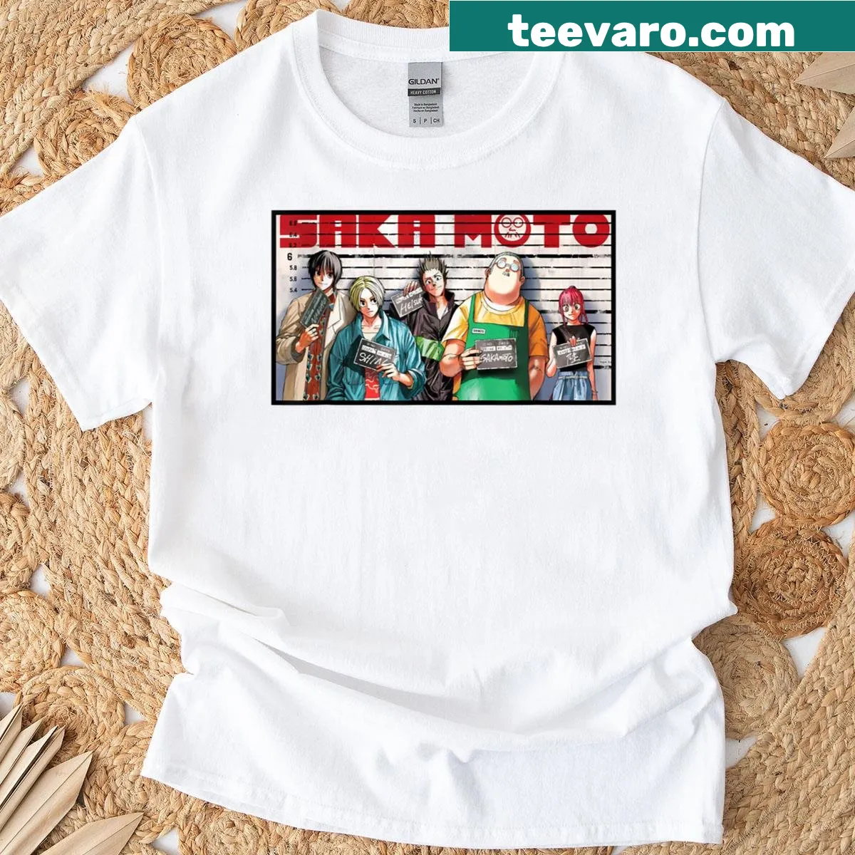 Illustrated Sakamoto Days graphic on a casual t-shirt — on a men's t-shirt