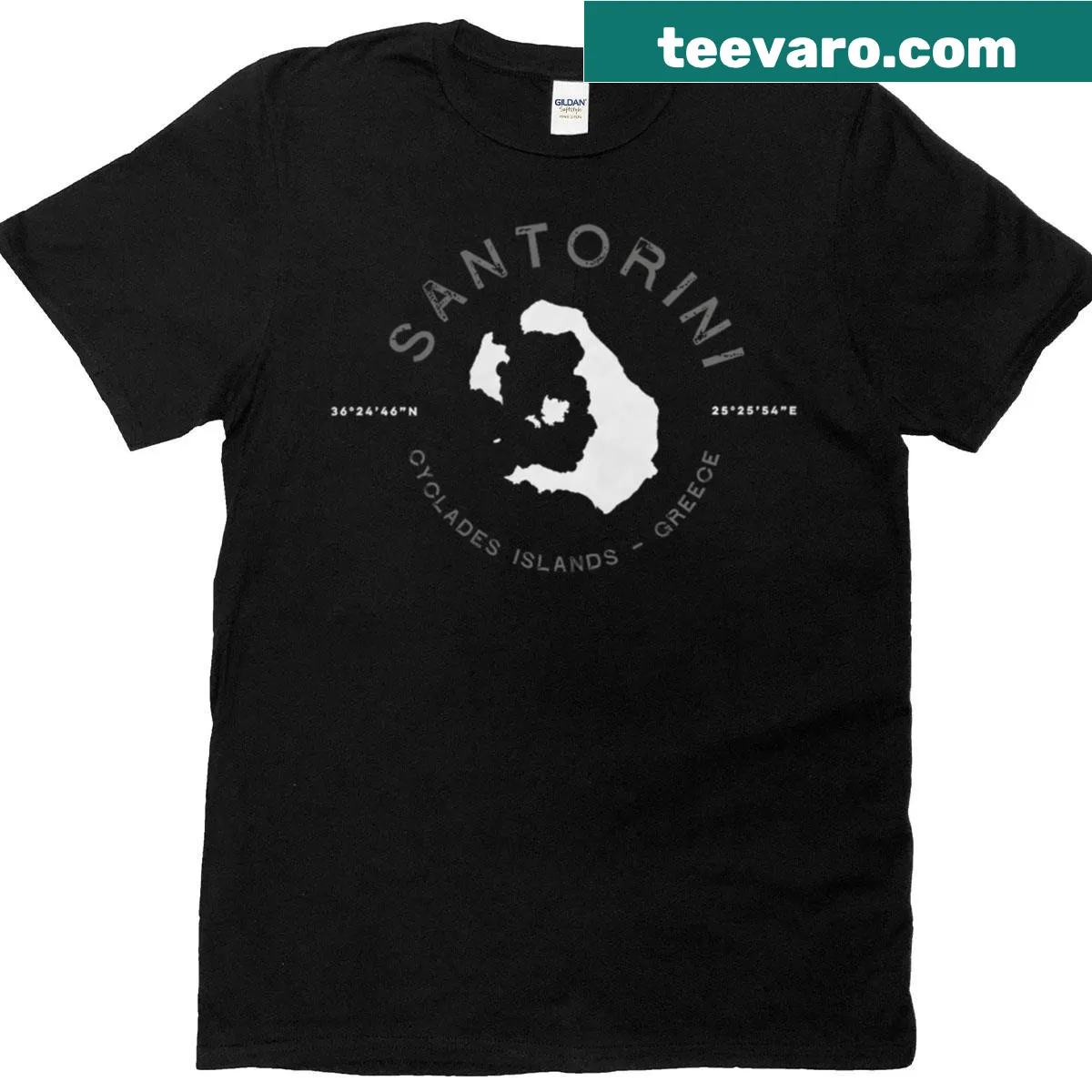 Vintage retro T-shirt featuring a graphic inspired by Santorini, Greece — on a men's t-shirt