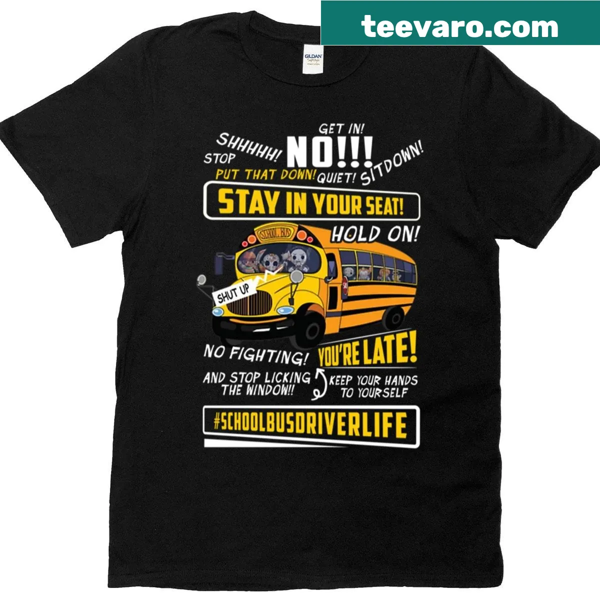 Oversized T-shirt featuring a scary school bus driver character — on a men's t-shirt