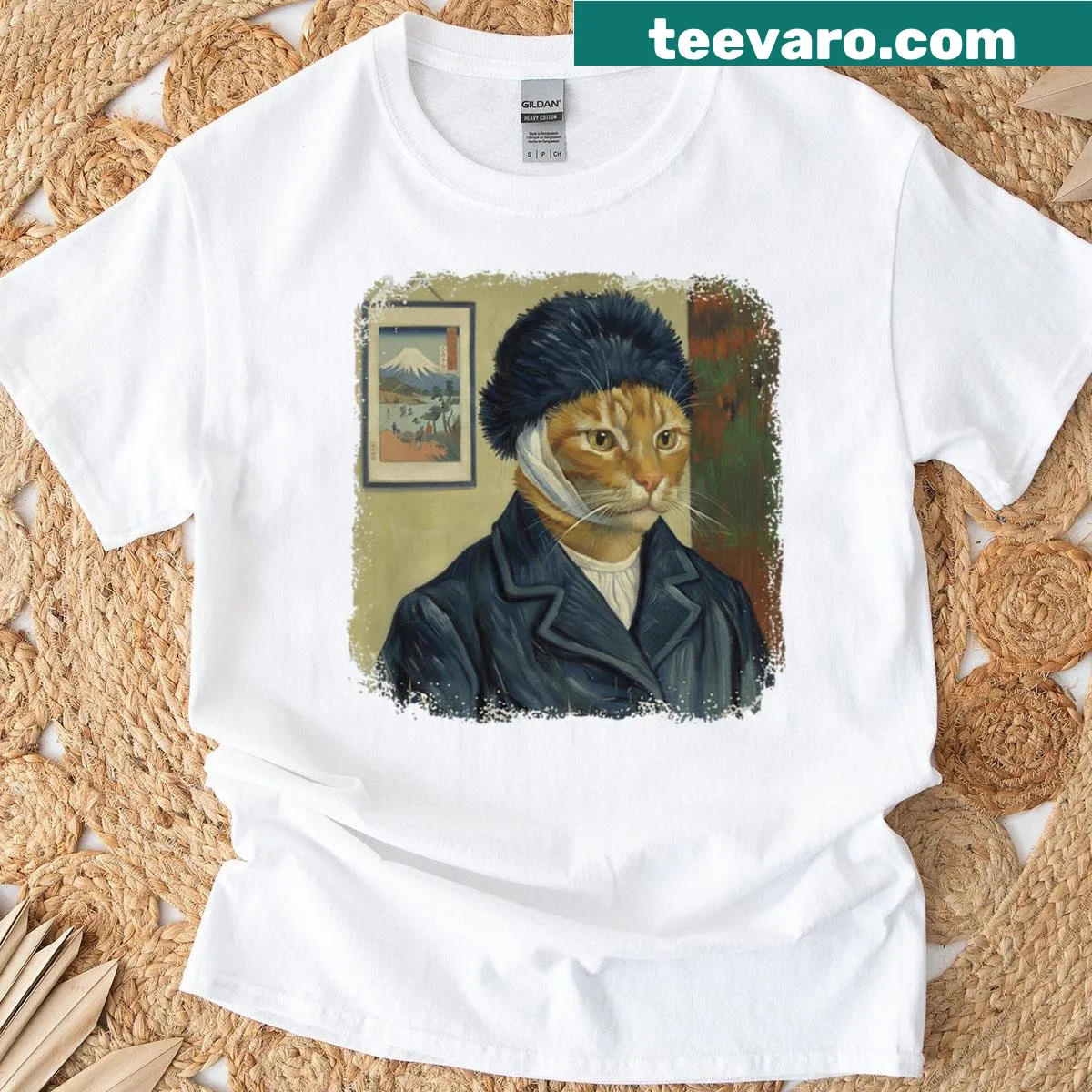 Artistic cat illustration styled like Van Gogh's self-portrait — on a men's t-shirt