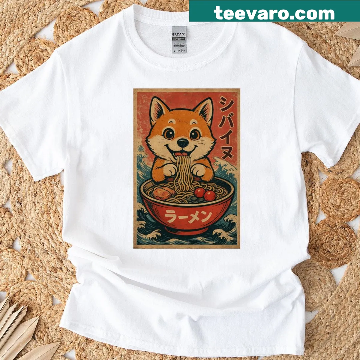 Kawaii t-shirt featuring a Shiba Inu enjoying a bowl of ramen — on a men's t-shirt