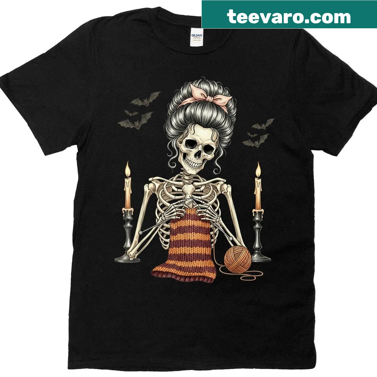 Whimsical skeleton knitting in a gothic Halloween style — on a men's t-shirt