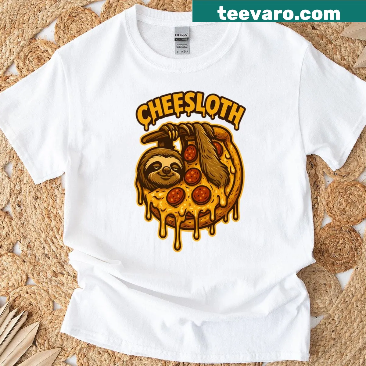 Funny t-shirt with a sloth lounging on a pizza — on a men's t-shirt