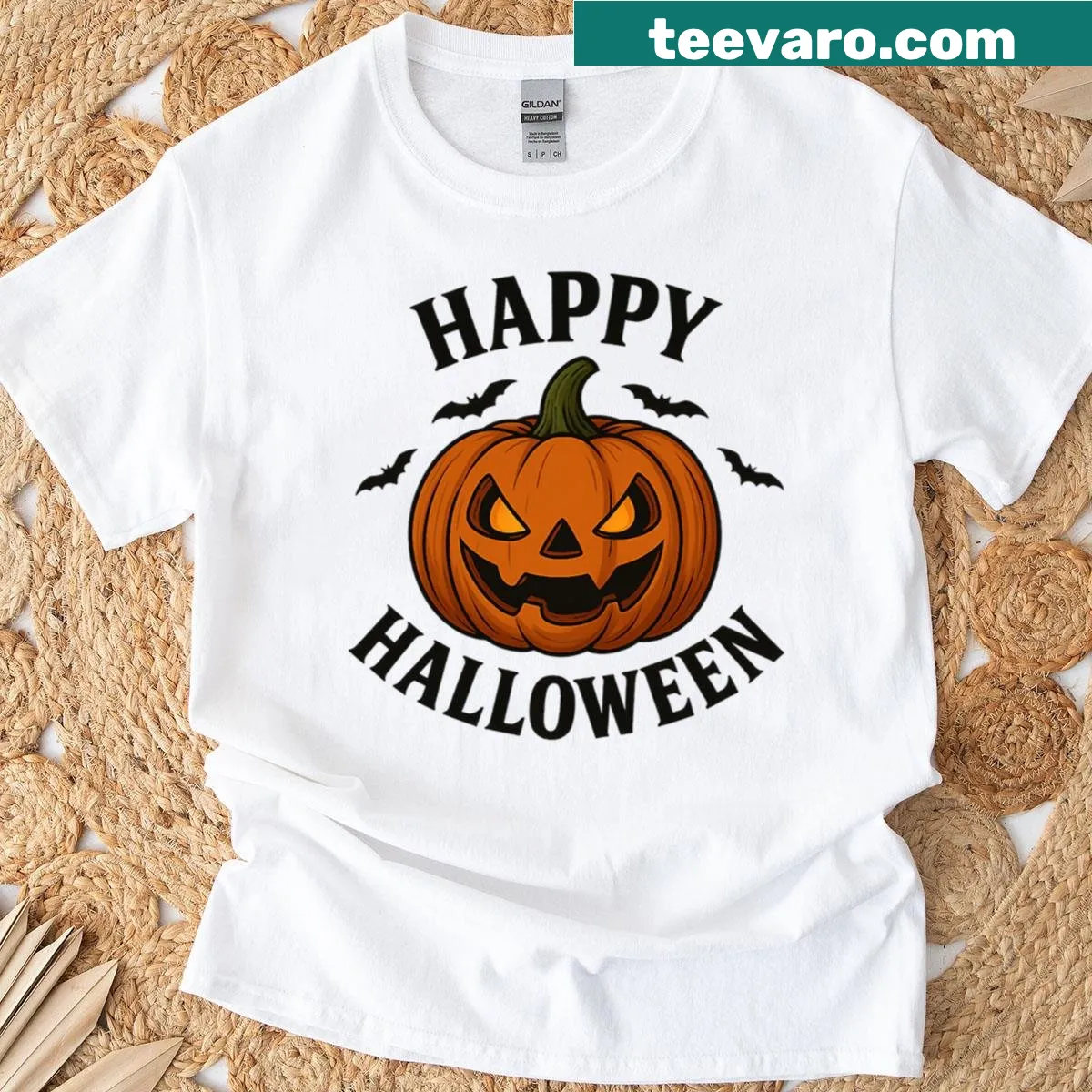 Cute jack-o-lantern t-shirt with bats design — on a men's t-shirt