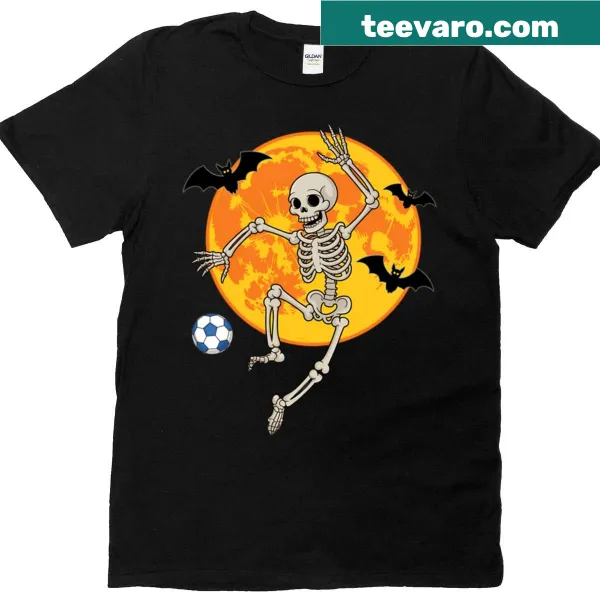 Skeleton playing soccer graphic on Halloween T-shirt