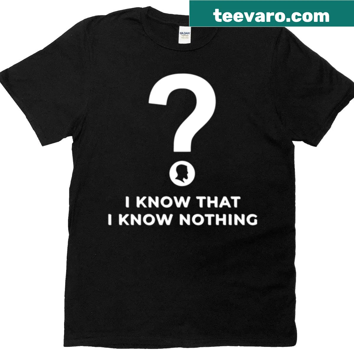 Socrates humor shirt with text 'I Know That I Know Nothing' — on a men's t-shirt
