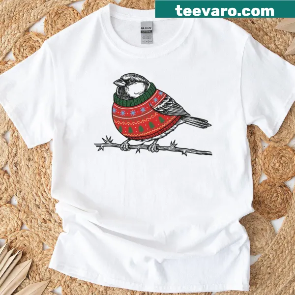 Linocut design of a sparrow in an ugly sweater for humorous appeal.