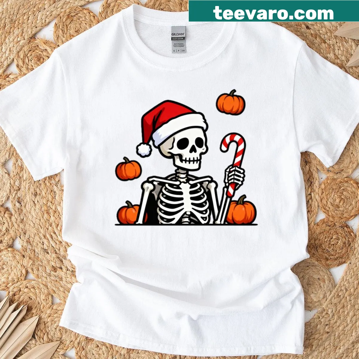 Spooky Christmas t-shirt featuring a festive skeleton design. — on a men's t-shirt
