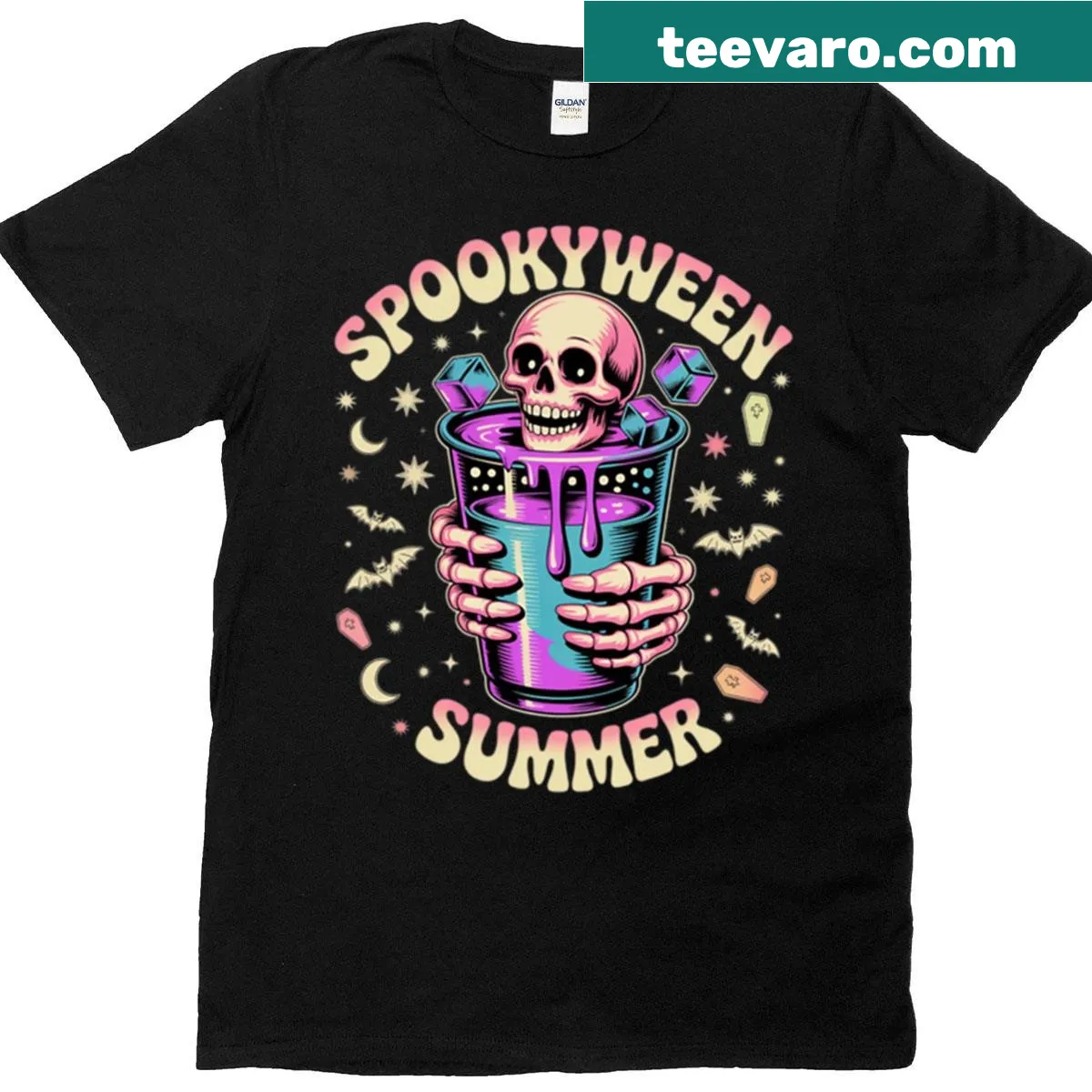Skull cup design for Halloween with neon pastel art — on a men's t-shirt