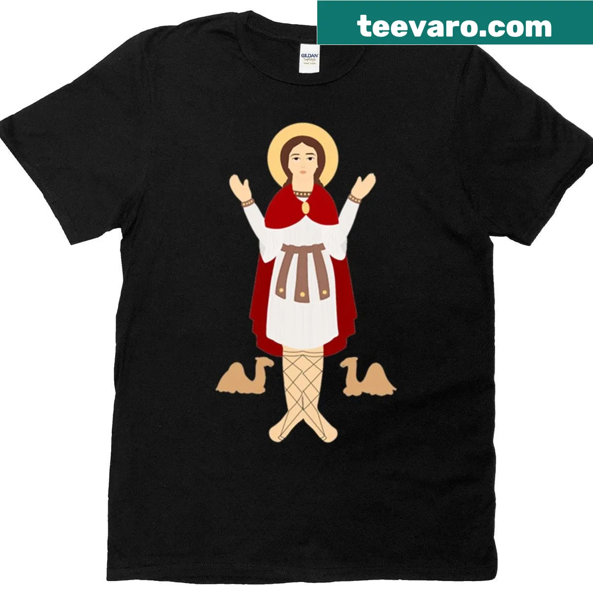 St Mina illustrated T-shirt depicting the saint — on a men's t-shirt