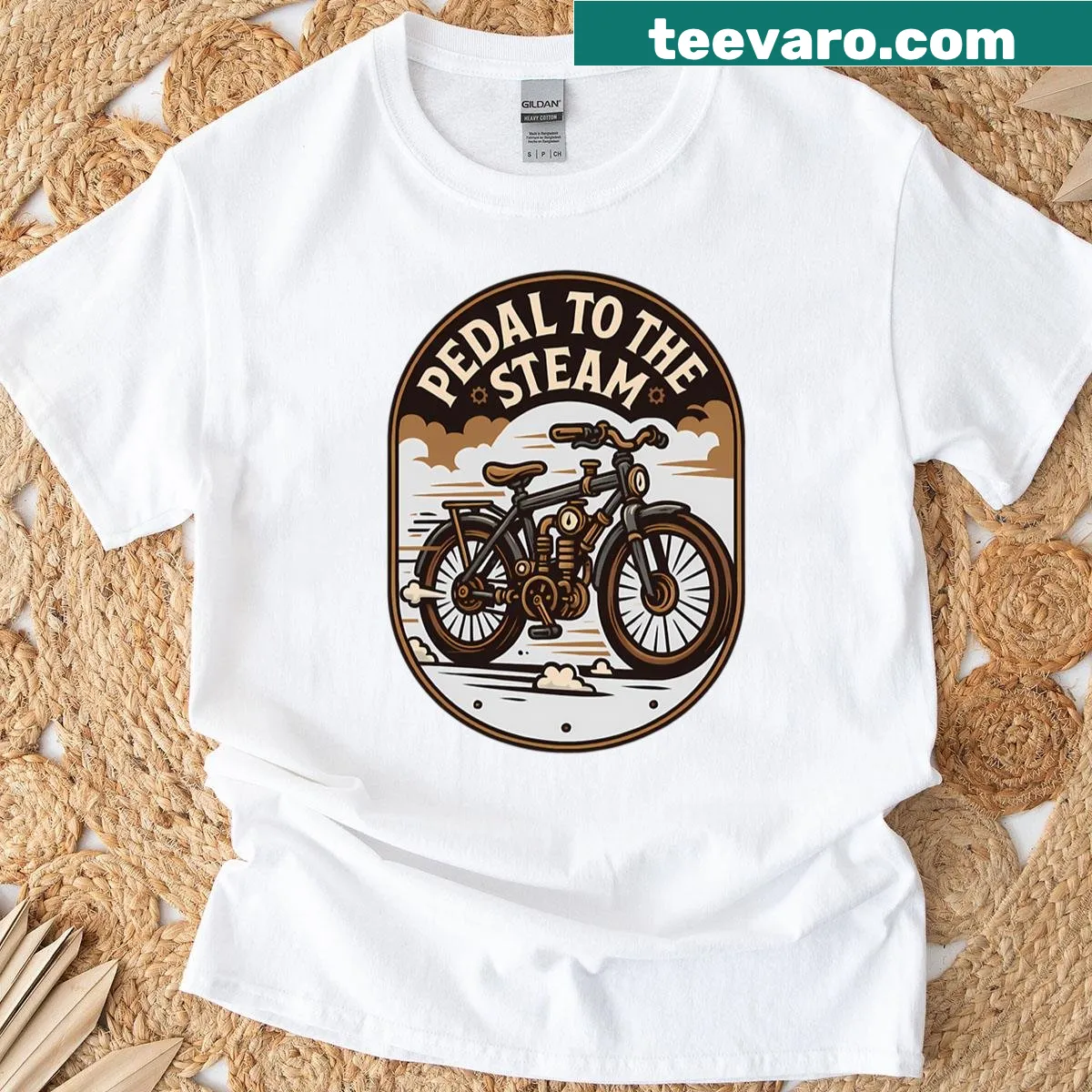 Vintage steampunk bicycle gears graphic t-shirt with intricate design — on a men's t-shirt