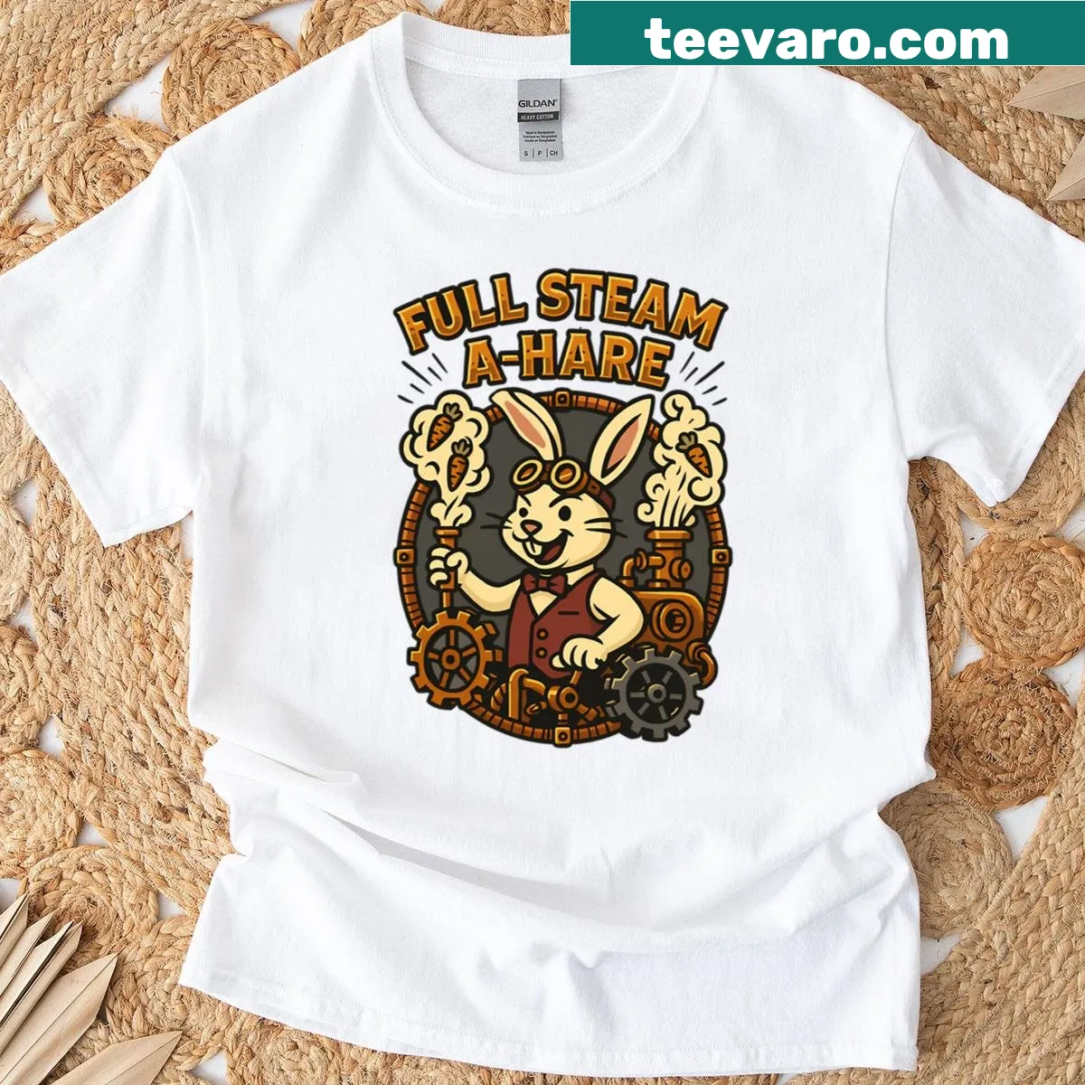 Whimsical steampunk rabbit design featuring mechanical elements — on a men's t-shirt