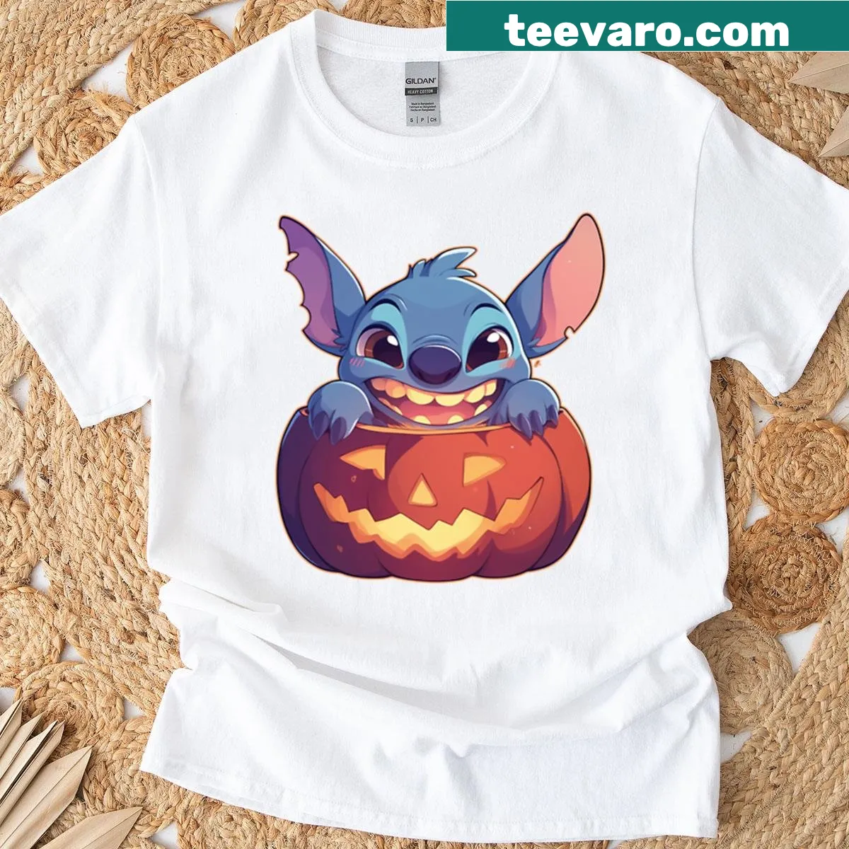 Cute Halloween-themed t-shirt featuring Stitch and pumpkins — on a men's t-shirt