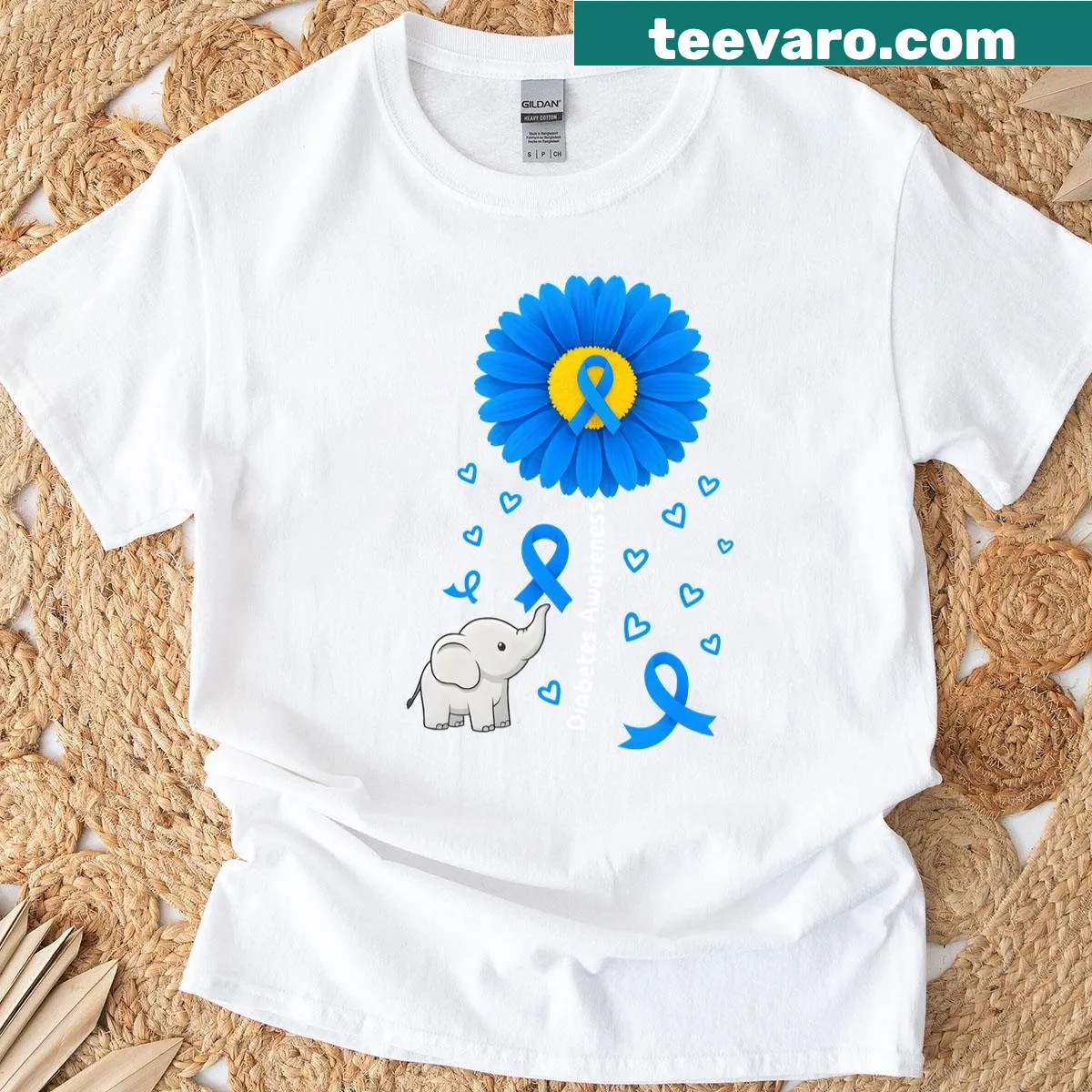 Cute t-shirt featuring elephants and sunflowers for diabetes awareness — on a men's t-shirt