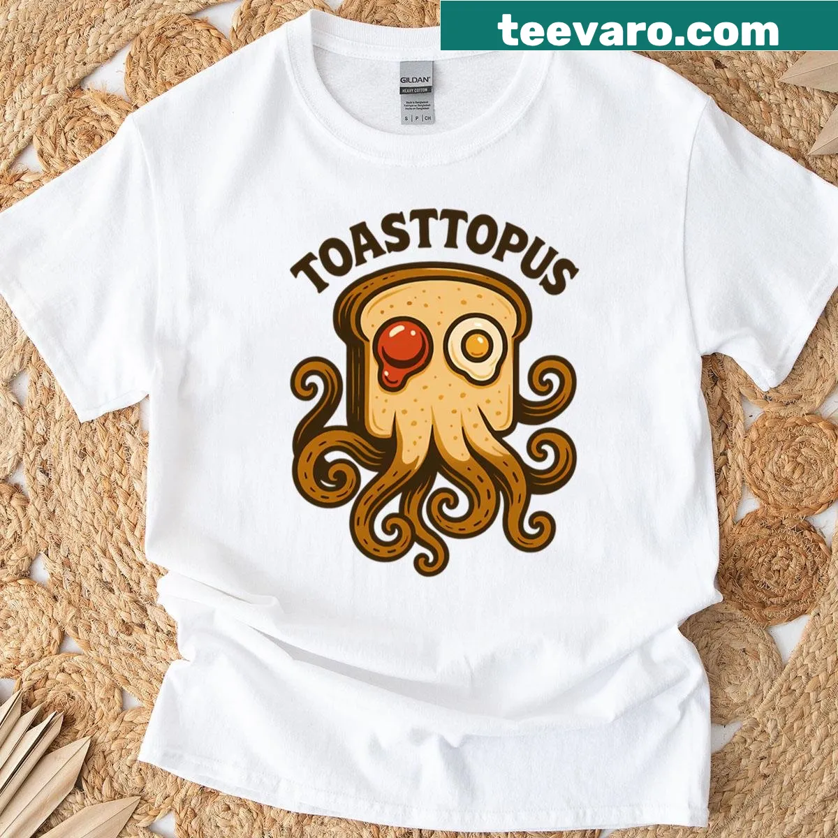 T-shirt featuring a funny illustration of an octopus with toast — on a men's t-shirt